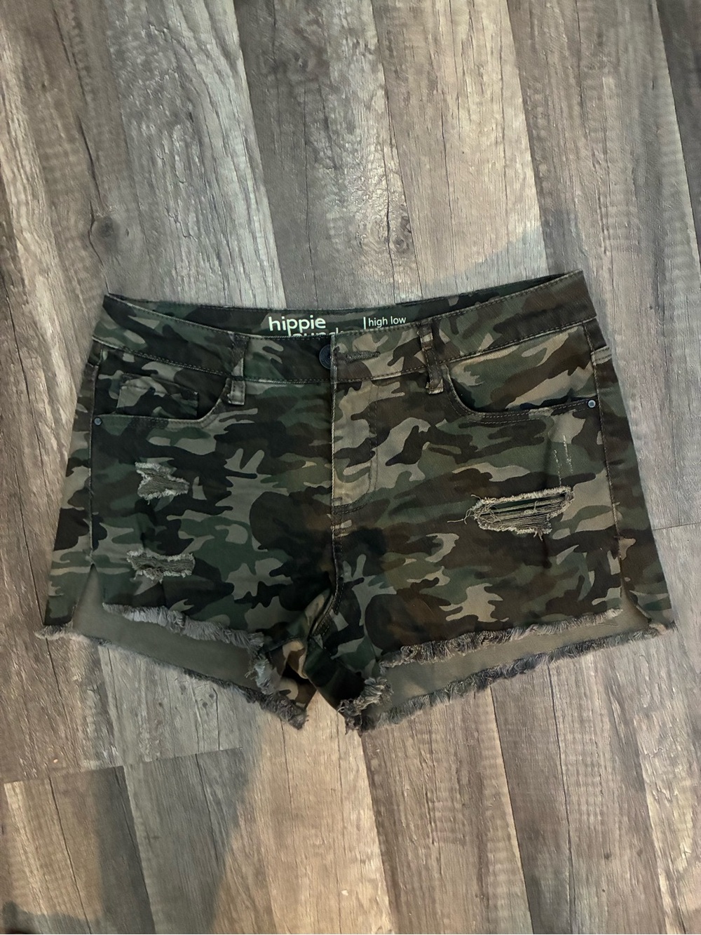 hippie laundry Green Camo Distressed Denim Shorts